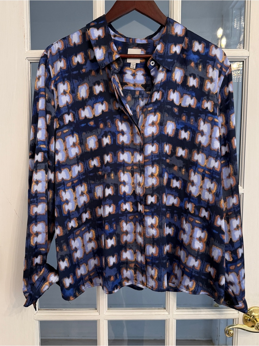 NIC+ZOE Women’s Blue Abstract Geometric Long Sleeve Button Down Blouse Size XXL